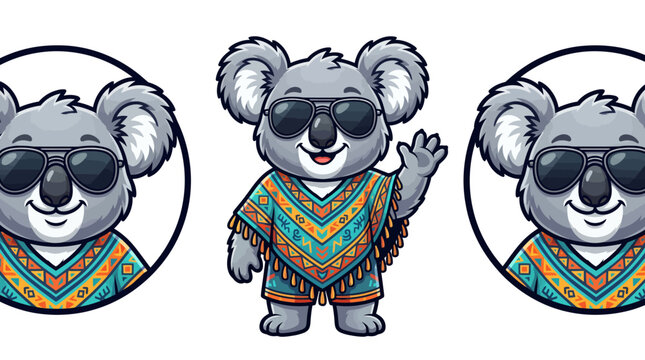 Cute cartoon koala character wearing sunglasses and a colorful poncho waving hello.