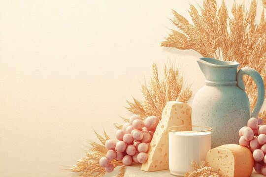 Rustic Harvest Feast: A still life composition featuring a ceramic pitcher, cheese wedges, a glass of milk, crusty bread, and bunches of grapes, artfully arranged with golden wheat stalks.