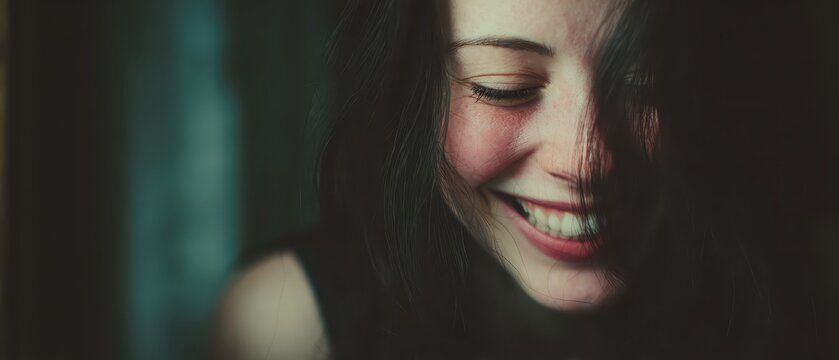 Joyful Reflection: A young woman with long dark hair and a radiant smile closes her eyes, her face tilted upwards in a moment of pure, unadulterated happiness. The lighting creates a warm.