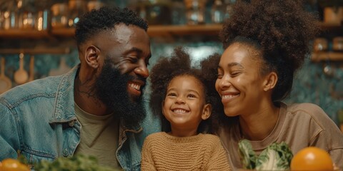 Obraz premium Happy Family Cooking Together: A joyous African-American family, a father, mother, and daughter, share a warm moment of laughter and connection while preparing a healthy meal in their kitchen.