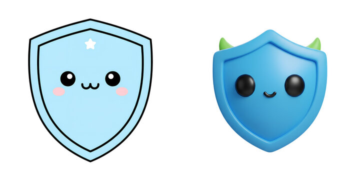 Shield blue cute cartoon kawaii icon face smile protection security happy character star horn fantasy 3D illustration vector digital design mascot