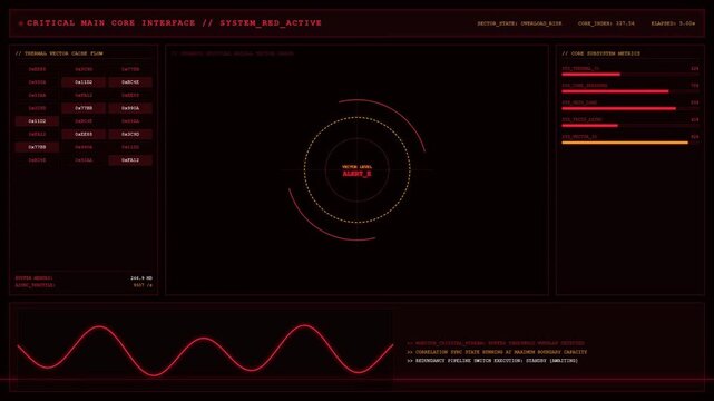 Critical Core Interface System Red Alert Dashboard With Thermal Vector and Pressure Animation.