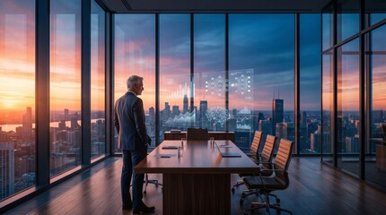 Fototapeta premium Businessman analyzing futuristic data displays in modern boardroom overlooking city skyline at sunset