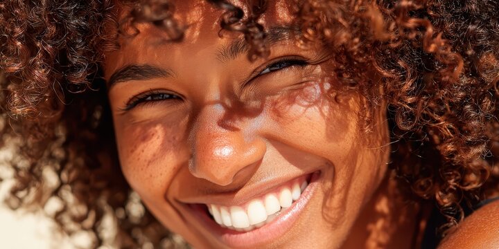 Radiant Smile in Sunlight: A joyful woman with a bright, beaming smile and textured curly hair is bathed in the dappled sunlight, highlighting her features and exuding pure happiness.