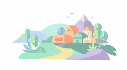 Obraz premium A colorful illustration of a village nestled in a valley with mountains
