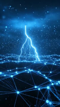 Lightning strike over a digital network grid with glowing blue nodes and interconnected data lines