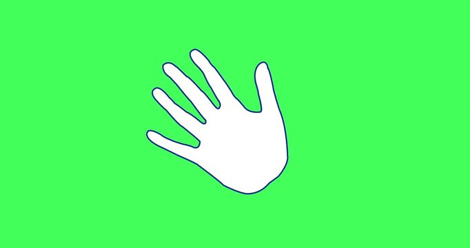 Cartoonish Human like waving hand animation.  Welcomeing gesture with gratitude, outline hand icon gif in chroma key. Hello outline hand motion graphic. A hand sign of greeting or goodbye. 

