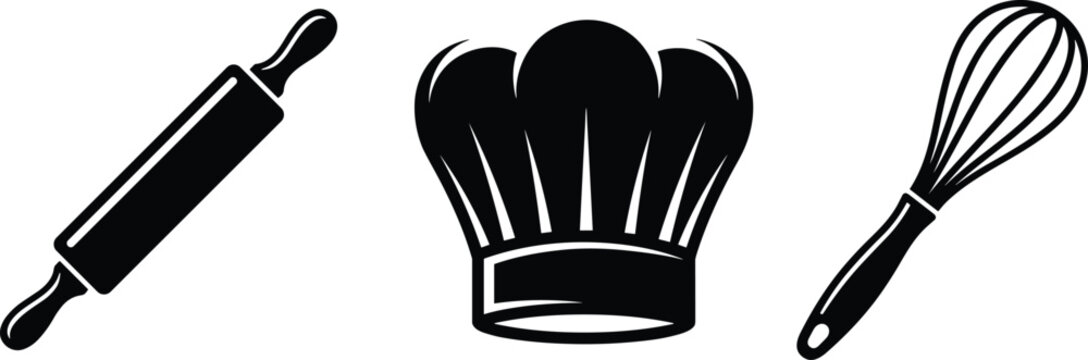 Culinary and Baking Silhouette Icon Vector Set Featuring Wooden Rolling Pin Classic Chef Toque Hat and Kitchen Whisk for Restaurant Cafe Menu Designs