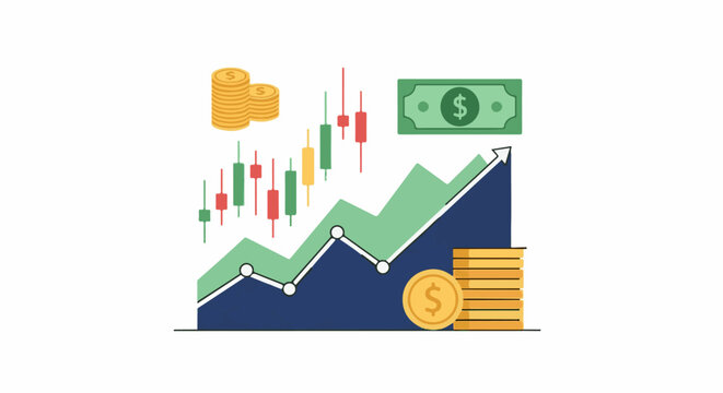 A colorful infographic depicting a growing financial graph with coins and currency
