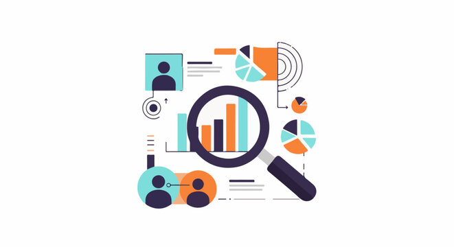 A colorful infographic template with a magnifying glass and various charts