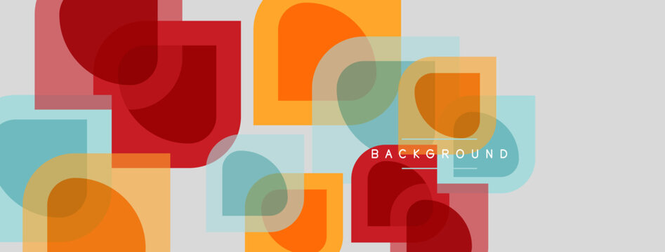 Abstract geometric shapes overlap, creating colorful composition. Soft hues blend with bolder tones, forming modern design.
