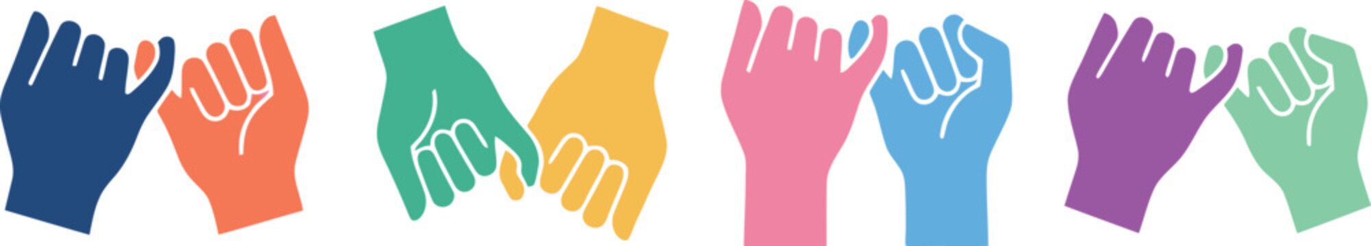 Vibrant graphic illustration showcasing multiple colorful hands in pinky promise gestures, representing heartfelt agreement, steadfast commitment, loyalty, and lasting friendship