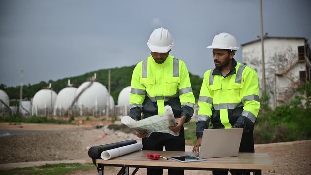 Engineers wearing safety gear, including hard hats examining survey a large blueprint tablet standing industrial facility gas or oil refinery engaged in a job requires high safety standards concept.	
