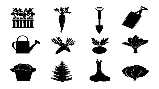 Collection of twelve black silhouette icons representing gardening tools and various cultivated plants