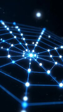 Digital network web with glowing blue nodes and binary code data stream for technology background
