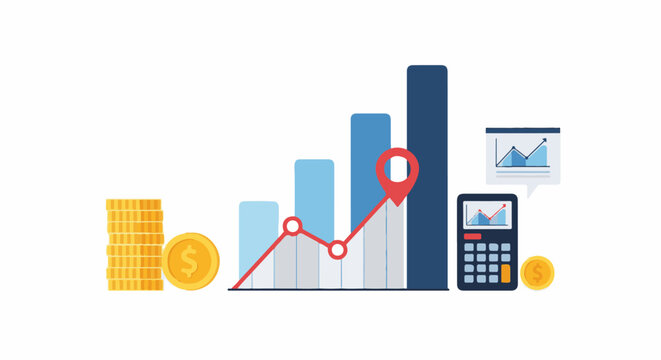 A colorful infographic with stack of coins, bar graph, and calculator