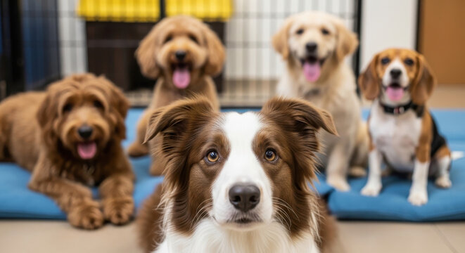 A group of six adorable puppies of various breeds sitting on blue mats in a well-lit room with a black and yellow playpen in the background.