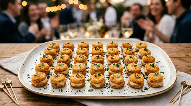Delectable miniature chicken cordon bleu appetizers arranged invitingly on a serving platter at an elegant event.
