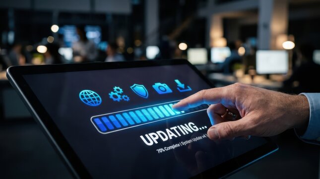 Tablet displaying software update progress with loading bar and icons cybersecurity concept