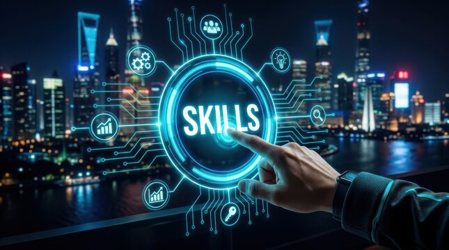 Skills development concept with futuristic interface and city skyline background