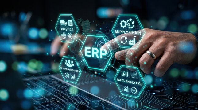 Erp system integration concept hand interacting with digital interface showing business solutions