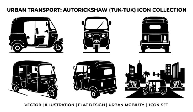 Silhouette set of auto rickshaw tuk tuk vehicle with multiple view angles front side and rear vector illustration isolated on white background