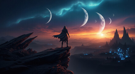 Fototapeta premium A lone figure stands on a rocky outcrop, gazing at a breathtaking sunset over a fantastical landscape with multiple moons and glowing auroras.