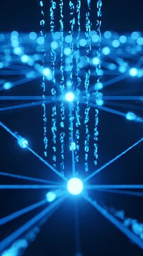 Digital binary code stream flowing through a glowing blue network of interconnected data nodes