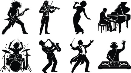 Black music silhouettes set featuring a rock guitarist, classical violinist, female singer, grand pianist, drummer, saxophonist, orchestra conductor, and DJ. © SHAPLAKHATUN