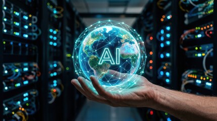 Naklejka premium Artificial intelligence global network concept hand holding illuminated earth with ai overlay