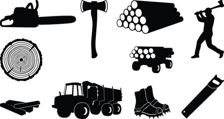 Lumberjack and forestry icon collection featuring chainsaw axe logging truck timber and wood cutting tools silhouette set © SHAPLAKHATUN