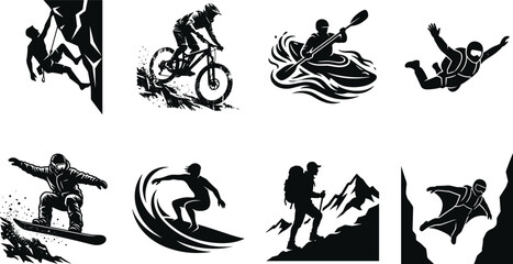 Extreme sports and outdoor adventure vector silhouettes set including rock climbing mountain biking kayaking snowboarding surfing hiking and skydiving © SHAPLAKHATUN