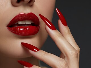 Naklejka premium Vibrant Crimson Lipstick Manicured Nails UltraSharp Beauty Portrait CloseUp