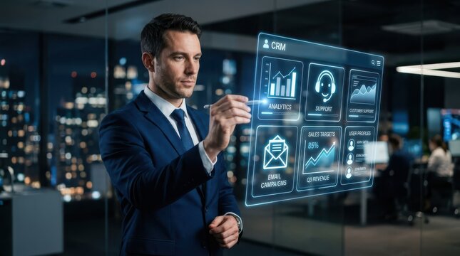 Business professional interacting with a transparent crm dashboard displaying analytics sales targets and customer support metrics in an office