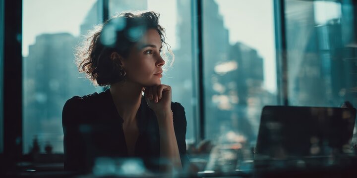 Contemplation in the City: A pensive businesswoman with a thoughtful expression gazes out a window at a blurred cityscape, her mind lost in reflection amidst the urban hum.