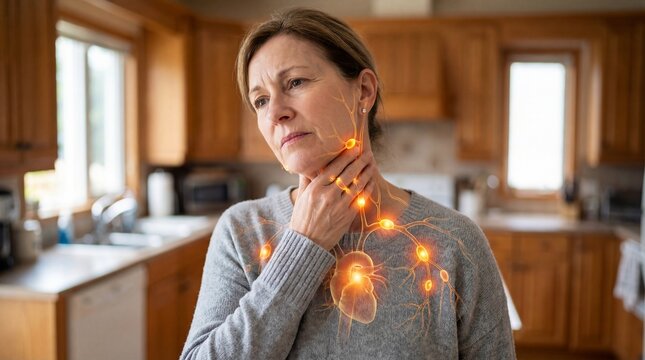 Woman with throat pain and visible anatomical visualization of the lymphatic system. Diagnosis of swollen lymph nodes and illness. Medical concept of infection, immunity and wellness.