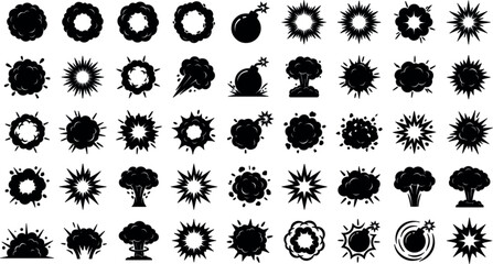 Comic Explosion and Bomb Effect Icon Set with Black Silhouette Clouds, Stars, and Blast Symbols for Graphic and Game Interface DesignsComic Explosion and Bomb Effect Icon Set with Black Silhouette Clo © Shameem