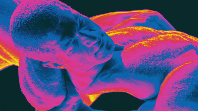 Thermal camera maps wrestlers locked in combat with heat versus cold color contrast