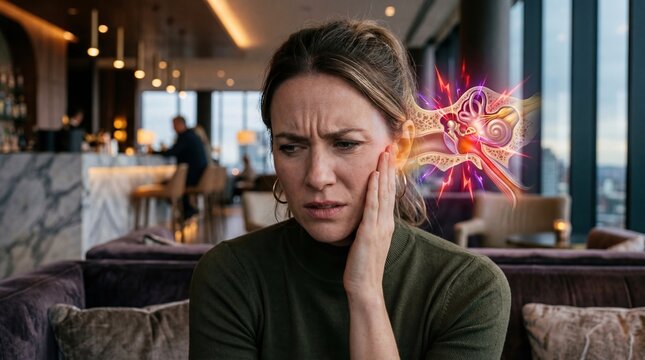 Woman suffering from earache with internal anatomy visualization. Female patient touching ear experiencing sharp pain. Medical concept of otitis infection, tinnitus or hearing loss problem.