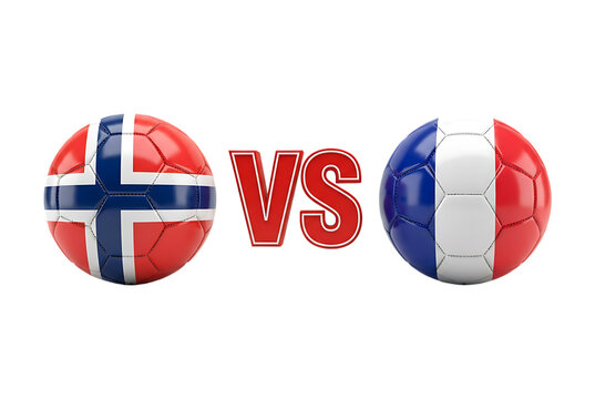 Norway versus France soccer balls with national flag colors for international football tournament promotion featuring red vs text on transparent background for sports news layouts.