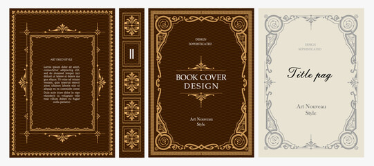 Naklejka premium Classic vintage book cover, title page, spine design with Art Deco, Baroque, Art Nouveau and Victorian ornaments. Elegant decorative frame, retro style for publications, posters and artistic layouts.