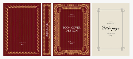 Naklejka premium Classic vintage book cover, title page, spine design with Art Deco, Baroque, Art Nouveau and Victorian ornaments. Elegant decorative frame, retro style for publications, posters and artistic layouts.