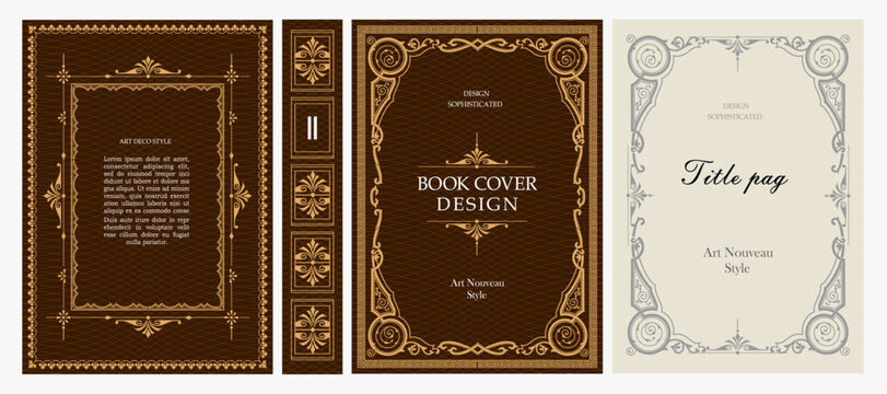 Classic vintage book cover, title page, spine design with Art Deco, Baroque, Art Nouveau and Victorian ornaments. Elegant decorative frame, retro style for publications, posters and artistic layouts.