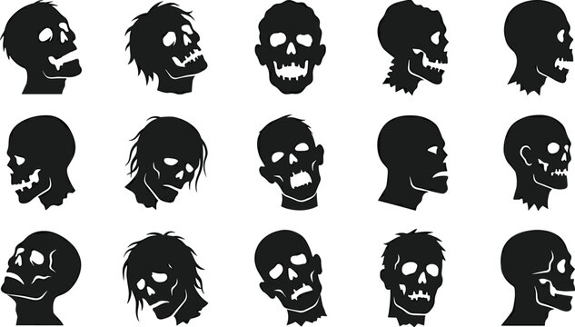 Zombie Head Silhouette Set with Creepy Skull and Undead Monster Faces for Halloween Horror Design