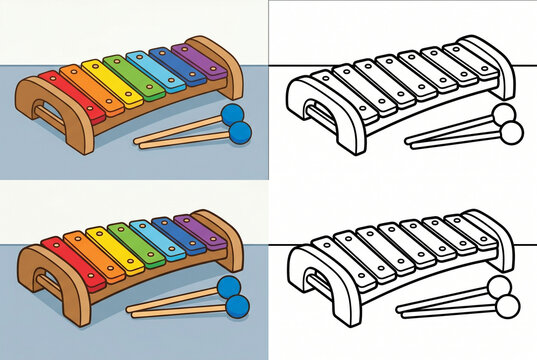 Colorful Xylophone with Mallets: A vibrant, multi-colored xylophone with wooden mallets, presented in both a colored and line-art illustration, ready for musical creation.