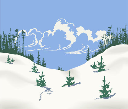 Minimalist winter landscape vector illustration with snowy hills, evergreen trees, and dramatic clouds in a clear blue sky. Nature background in flat design for seasonal and travel themes