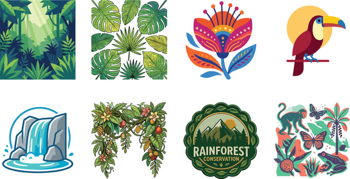 Rainforest Conservation Vector Illustrations with Tropical Plants, Animals, Waterfall, Toucan and Nature Emblems