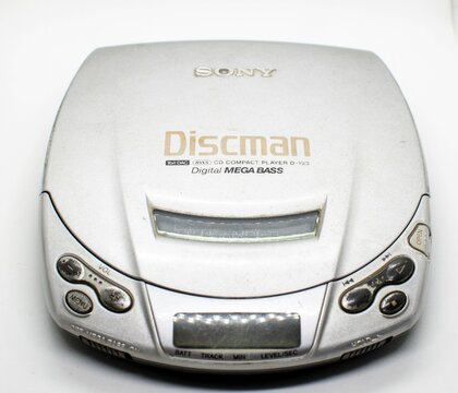 Athens,Greece-November 07,2019.An old Sony portable CD player placed on a white surface. Retro style concept.