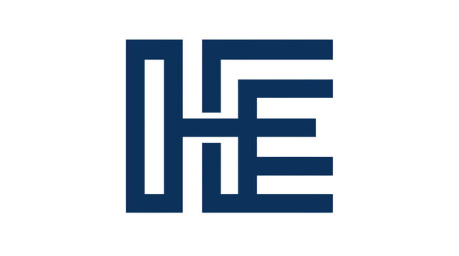 Modern geometric monogram of letters h and e in navy blue