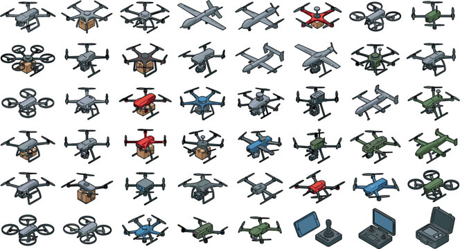 Isometric Drone Icon Set with Quadcopters, Delivery UAVs, Surveillance Tech, Fixed Wing Planes, and Remote Controls for Technology Interface DesignsIsometric Drone Icon Set with Quadcopters, Delivery 